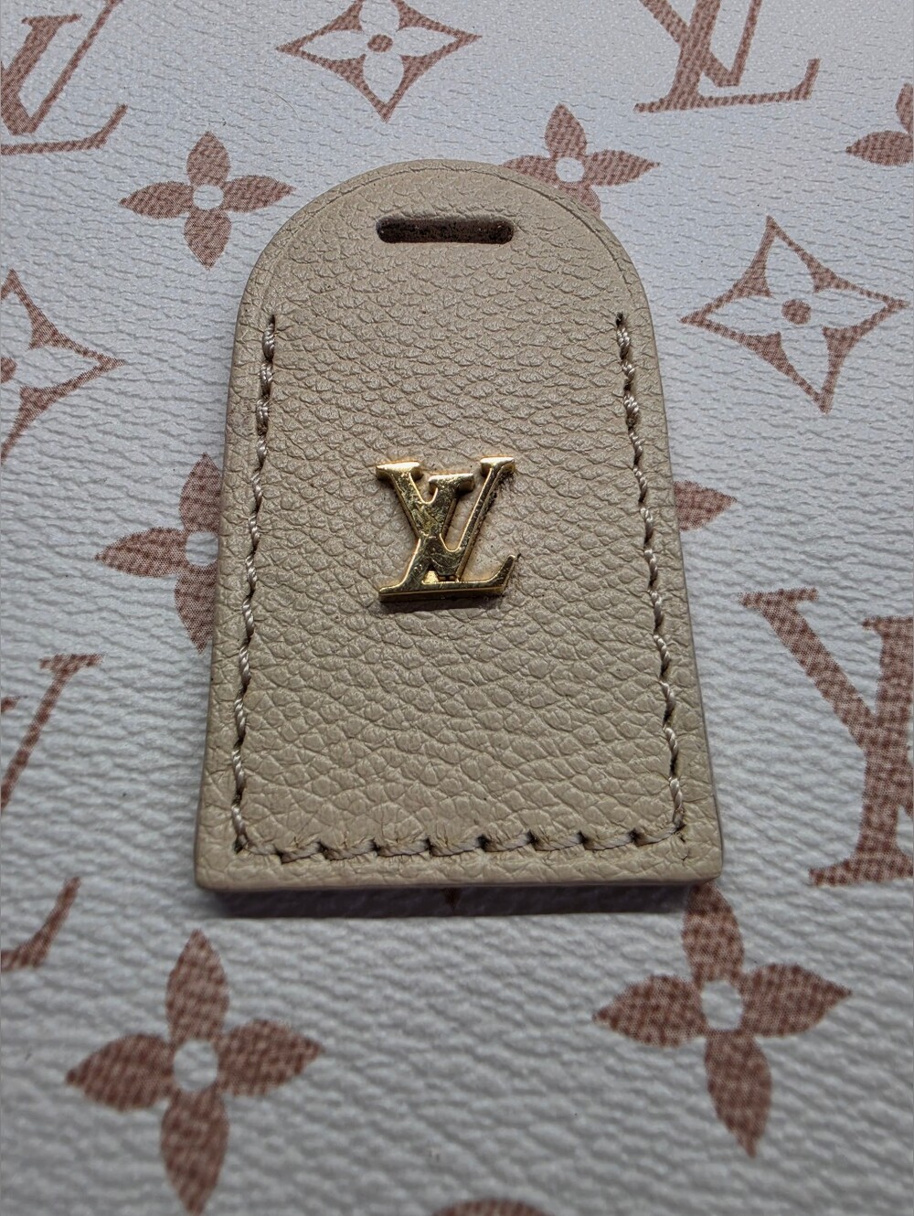 Louis Vuitton Cream Leather Name Tag with Gold LV Emblem